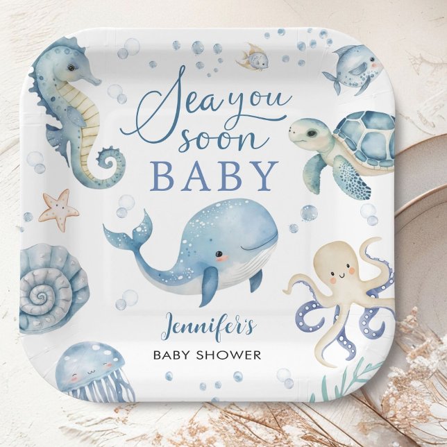 Assiettes En Carton Sea You Soon Baby Shower Boy Blue Ocean (Créateur téléchargé)