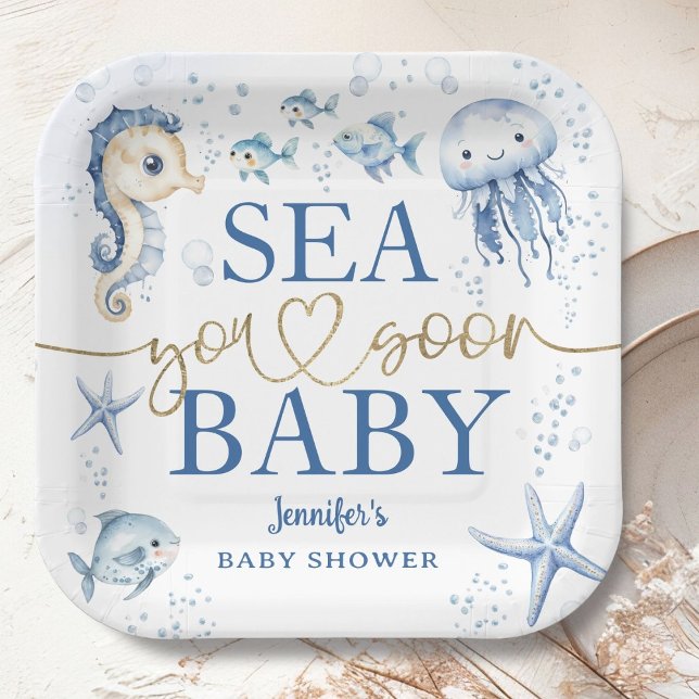 Assiettes En Carton Sea You Soon Baby Shower Boy Navy Blue Ocean (Créateur téléchargé)
