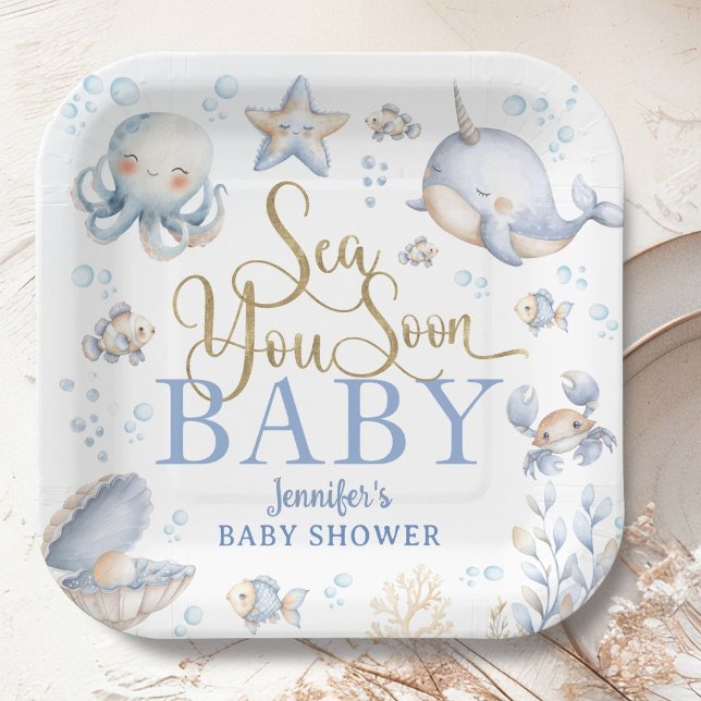 Assiettes En Carton Sea You Soon Ocean Baby Shower Boy Blue  (Créateur téléchargé)