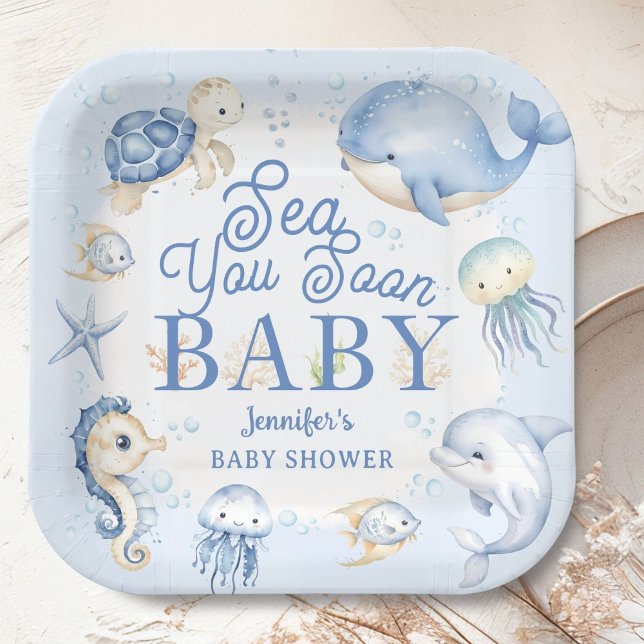 Assiettes En Carton Sea You Soon Ocean Baby Shower Boy Blue  (Créateur téléchargé)