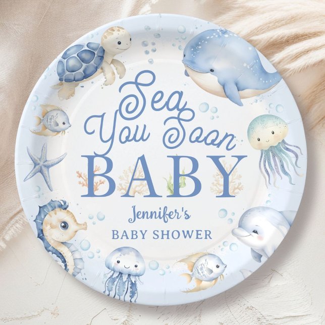 Assiettes En Carton Sea You Soon Ocean Baby Shower Garçon Bleu  (Créateur téléchargé)
