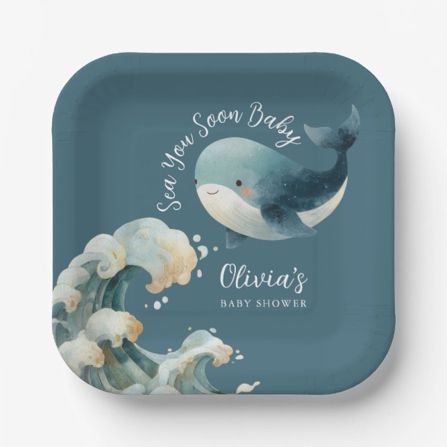 Assiettes En Carton Sea You Soon Ocean Whale Turquoise Baby Shower (Recto)