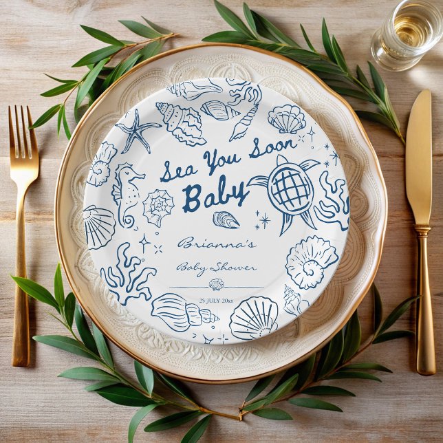 Assiettes En Carton Sea you soon seashells beach boy baby shower (Sea you soon seashells beach boy baby shower personalized paper plates hand drawn sea creatures)
