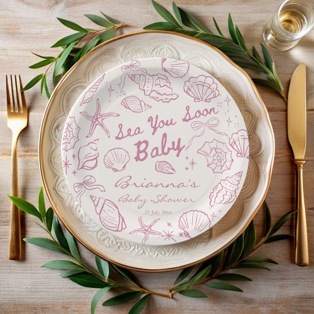 Assiettes En Carton Sea you soon seashells beach girls baby shower (Sea you soon pink seashells beach seaside girls baby shower personalized paper plates)