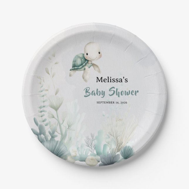 Assiettes En Carton Sea You Soon Underwater Turtle Baby Shower (Devant)