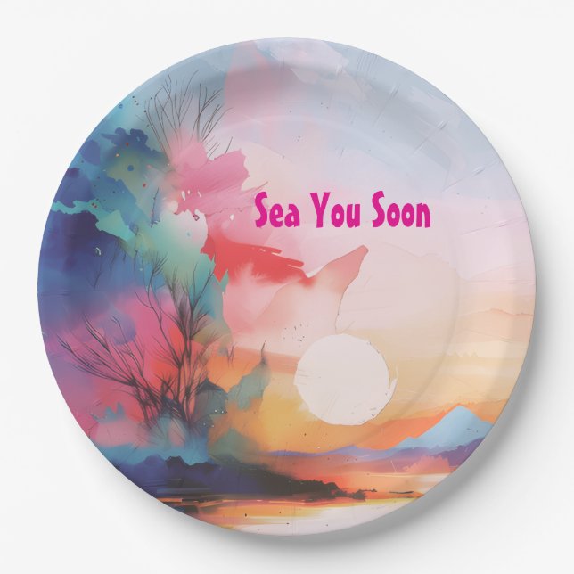 Assiettes En Carton Sea You Soon Watercolor Beach (Devant)