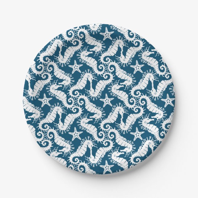Assiettes En Carton Seahorse et Starfish - Motif Vie marine bleue (Devant)