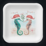 Assiettes En Carton Seahorse Père Noël Coastal Christmas Kiss Beach<br><div class="desc">Sur la plage, les assiettes en papier de Noël à thème côtier sont habillées d'un couple d'hippocampes couleur aquarelle portant des chapeaux de Père Noël et s'embrassant sous un tatouage. Visitez ma collection "Seahorse Coastal Christmas Kiss" pour coordonner les invitations, les cartes, les fournitures de fête, la décoration et plus...</div>