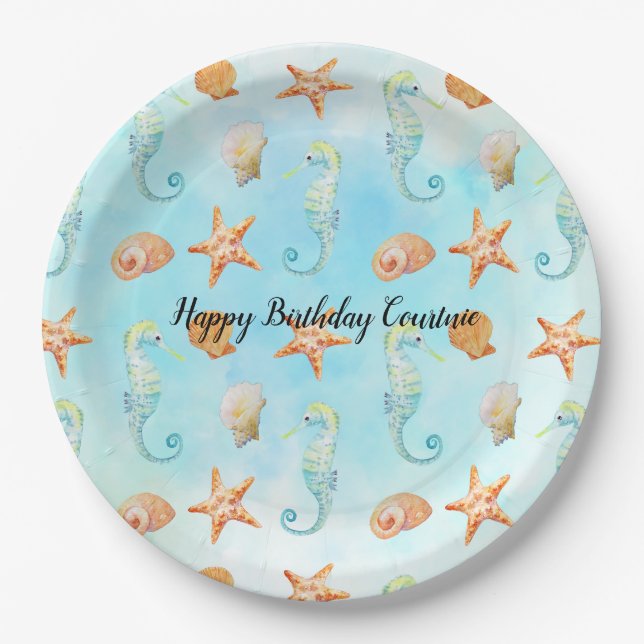 Assiettes En Carton Seahorse Starfish Coques Peach Aqua Ocean (Devant)