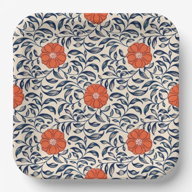 Assiettes En Carton Seamless floral pattern with vibrant orange flower (Recto)
