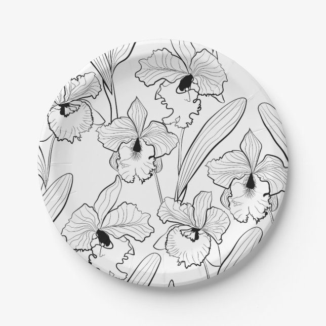 Assiettes En Carton Seamless sketched orchid cattleya flowers tropical (Devant)