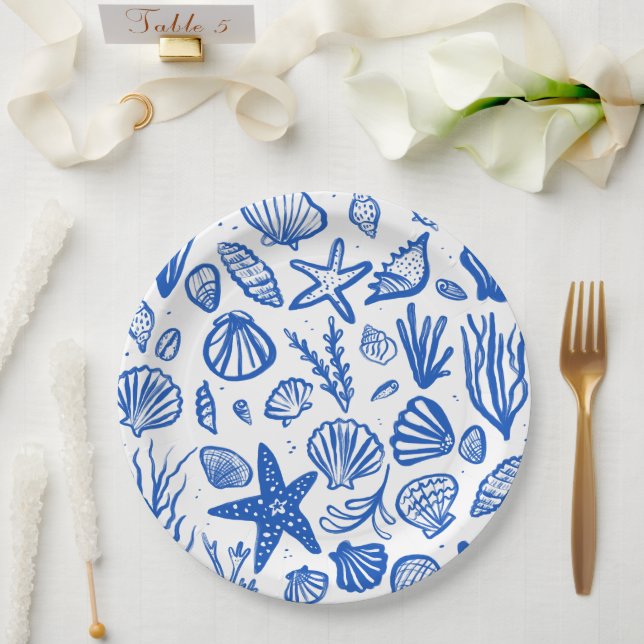 Assiettes En Carton Seashells Beach Wedding Bleu Blanc Cute Balnéaire (Mariage)