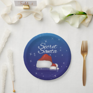 Assiettes En Carton Secret Santa Hat Bleu Arrière - plan fête de Noël