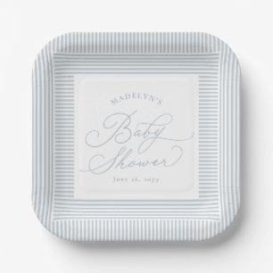 Assiettes En Carton Seersucker bleu blanc rayé baby shower prépa