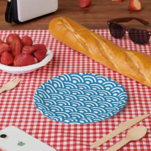 Assiettes En Carton Seigaiha, Vagues, Japonais, Bleu et Blanc