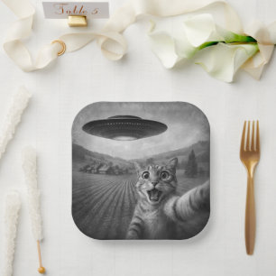 Assiettes En Carton Selfie De Chat Avec Alien UFO Drôle Cadeaux De Cha