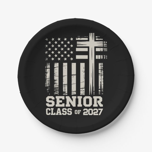 Assiettes En Carton Senior Class Of 2027 USA Flag Cross Christian Grad (Devant)