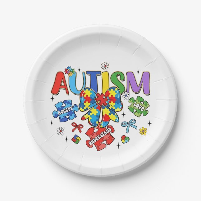 Assiettes En Carton Sensibilisation sur l'autisme Bow Coquette Puzzle  (Devant)