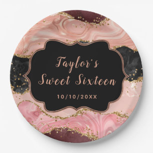 Assiettes En Carton Séquins noirs et roses Agate Sweet sixteen