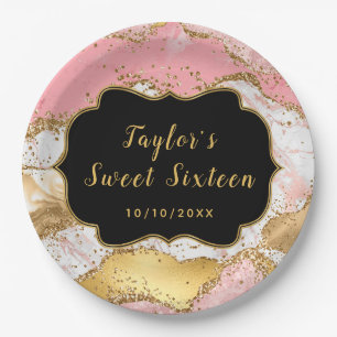 Assiettes En Carton Séquins or et rose Agate Sweet sixteen