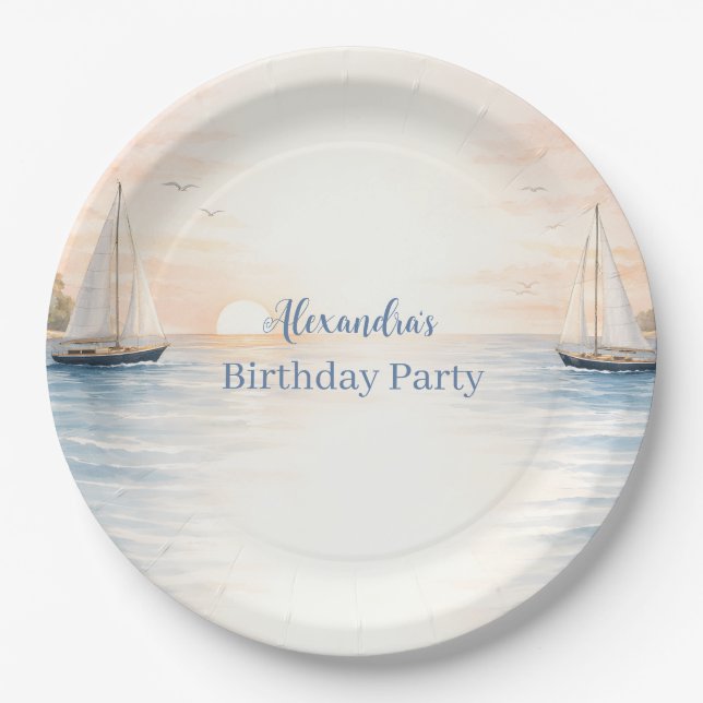 Assiettes En Carton Serene Coastal Sail Birthday (Devant)