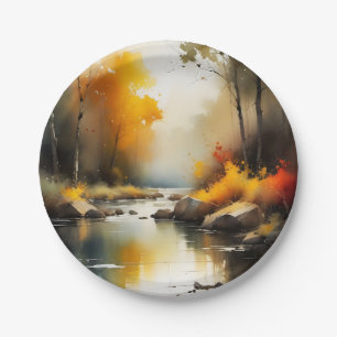 Assiettes En Carton Sérénissime peinture paysage de rivière d'automne