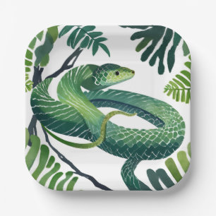 Assiettes En Carton Serpent Vert Année du Serpent Aquarelle