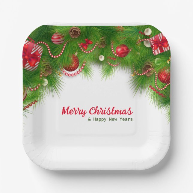 Assiettes En Carton Serre de Noël et ampoules rouges, et présente (Recto)