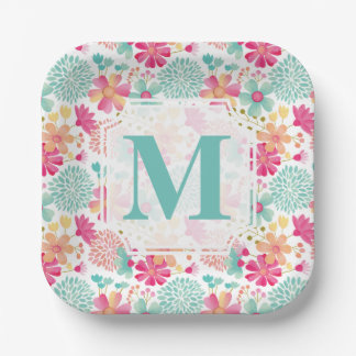 Assiettes En Carton Serviettes à monogramme floral peint en rose turqu