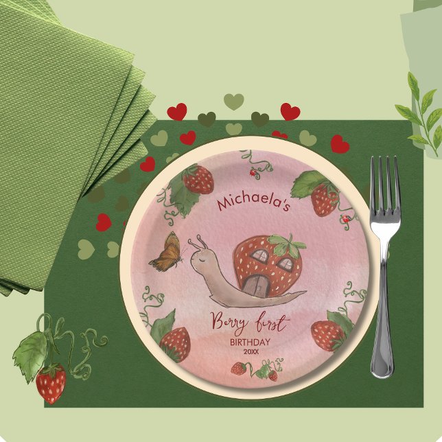 Assiettes En Carton Serviettes de fête "Berry First" aux escargots et  (Snail & Strawberry 'Berry First' Party Napkins Paper Plates)