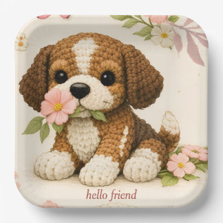 Assiettes En Carton Serviettes Florales avec Chiot Tricoté Adorable –