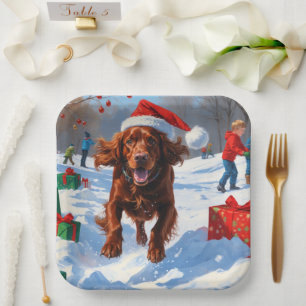 Assiettes En Carton Setter Rouge Irlandais Courant dans la Neige avec
