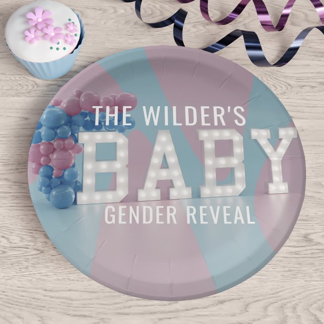 Assiettes En Carton Sexe Révéler Baby shower rose bleu Plaques de papi (Pink and blue gender reveal paper plates just for you. Add your family name)