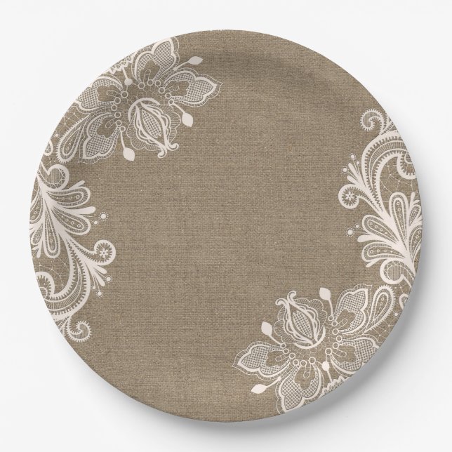 Assiettes En Carton Shabby Chic Burlap et dentelle Chic Papier Plaque (Devant)