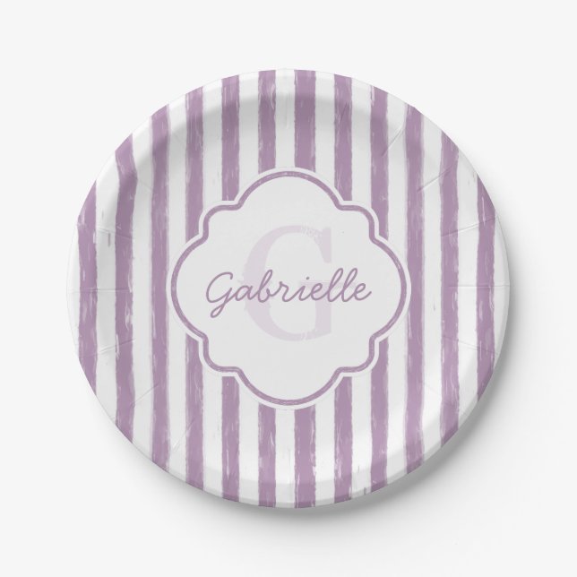 Assiettes En Carton Shabby Purple Peint Stripes Monogramme et nom (Devant)