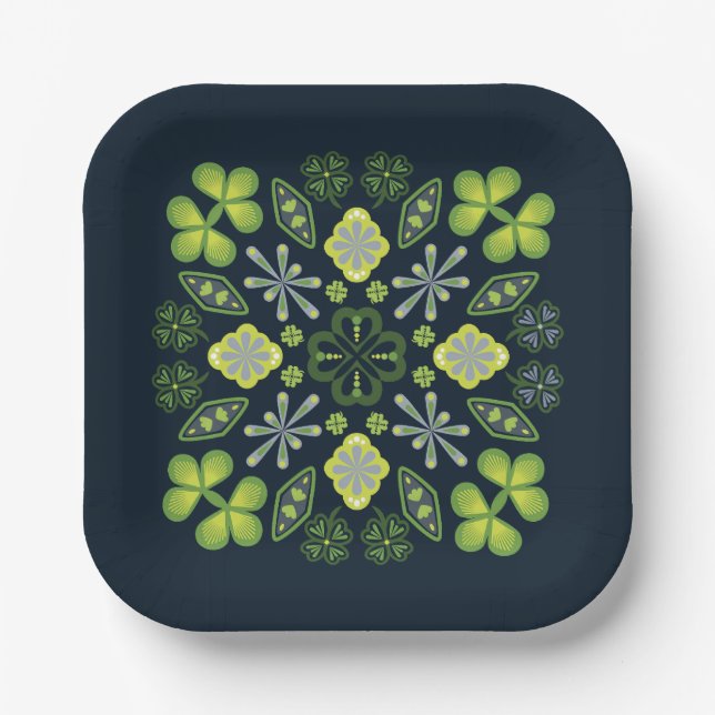 Assiettes En Carton Shamrock Clover Floral Mandala Blue (Recto)