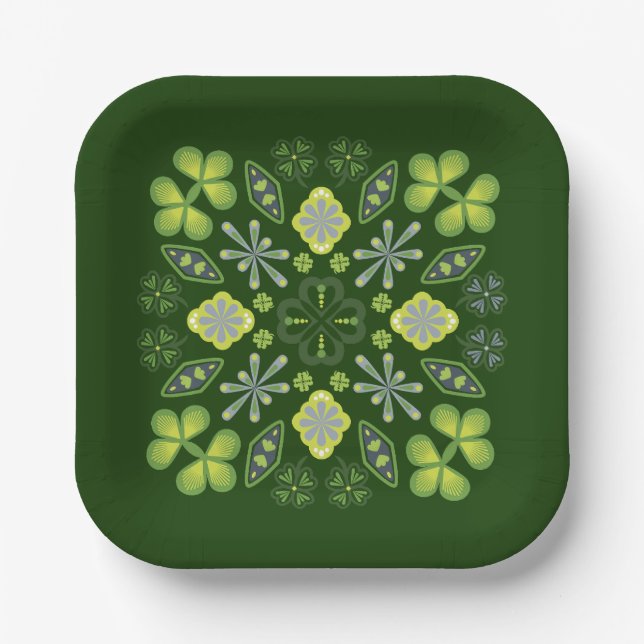 Assiettes En Carton Shamrock Clover Floral Mandala Green (Recto)