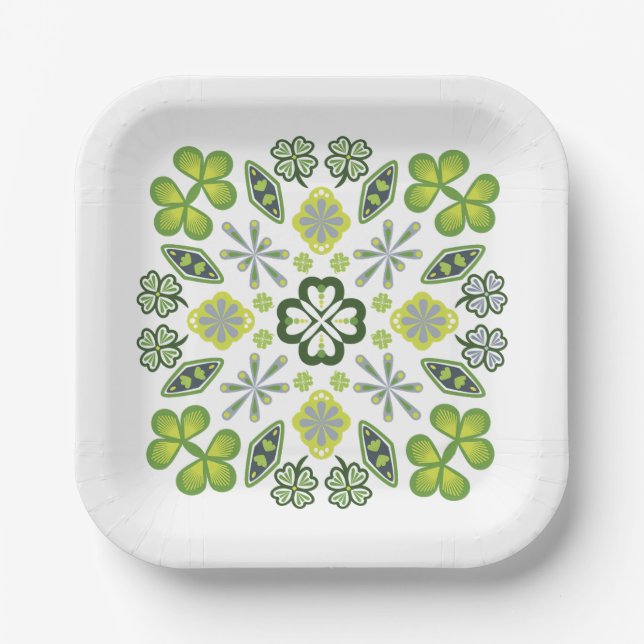 Assiettes En Carton Shamrock Clover Floral Mandala White (Recto)