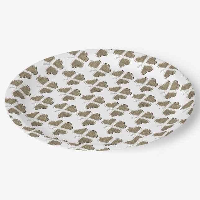 Assiettes En Carton Shamrock Motif Irish Clover Irlande Gold Elegant (Angle)