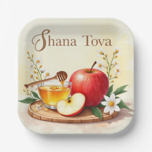 Assiettes En Carton Shana Tova Rosh Hashanah Pomme et Fleurs de miel