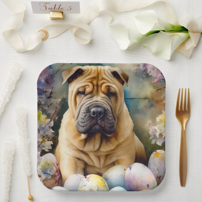 Assiettes En Carton Shar Pei Chien avec Oeufs de Pâques Vacances (Mariage)