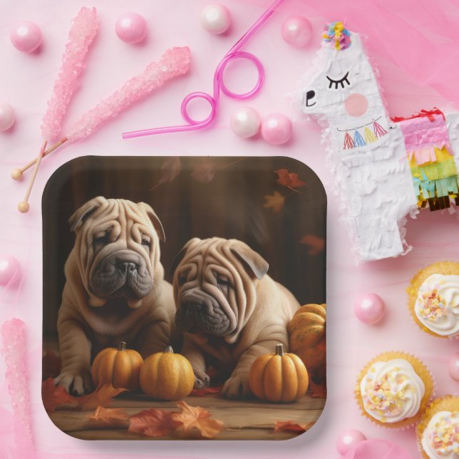 Assiettes En Carton Shar Pei Chiot Automne Citrouille de plaisir (Fête)