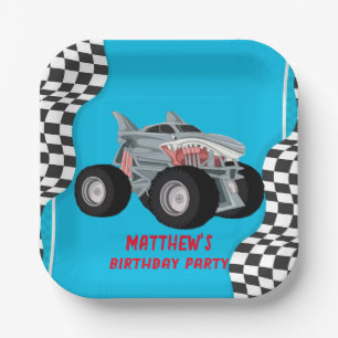 Assiettes En Carton Shark Monster Truck Racing Drapeau fête d'annivers