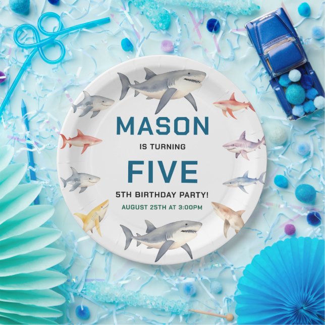 Assiettes En Carton Shark Splash 5th Birthday Party | Cute Ocean Kids (Fête)