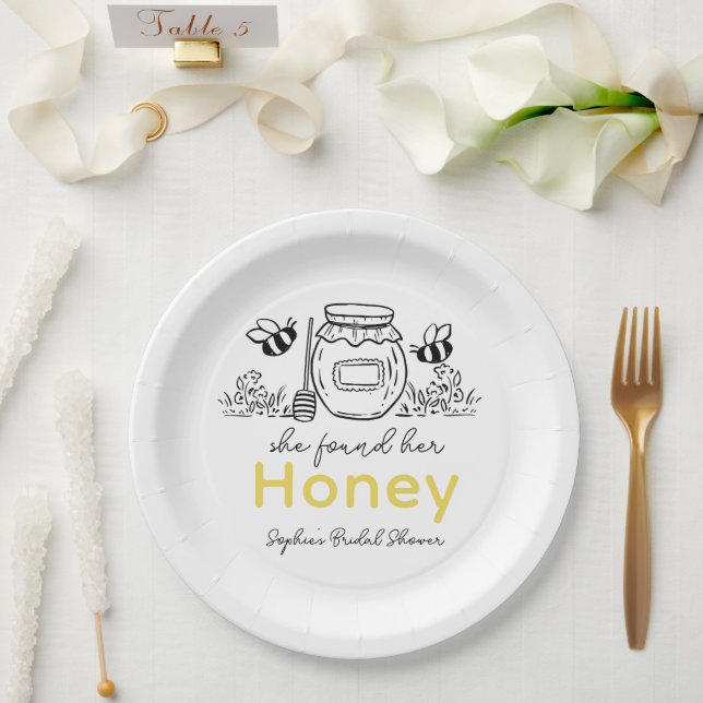 Assiettes En Carton She found her Honey Hand-drawn White Bridal Shower (Mariage)