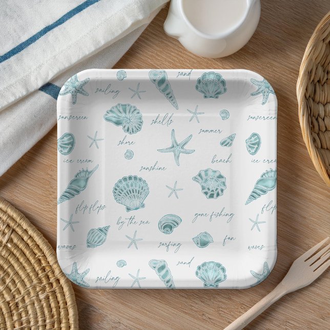 Assiettes En Carton Shells Starfish Sun Fun Texte Turquoise ID918 (Créateur téléchargé)