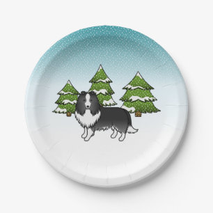Assiettes En Carton Shetland Sheepdog Bi-Noir Dans Une Forêt D'Hiver
