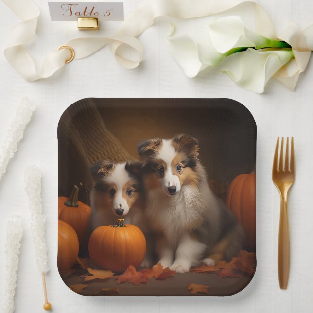 Assiettes En Carton Shetland Sheepdog Chiot Chiot Automne Citrouille d (Mariage)