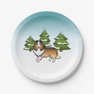 Assiettes En Carton Shetland Sheepdog Sable Dans Une Forêt D'Hiver