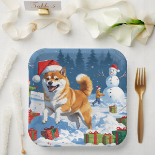 Assiettes En Carton Shiba Inu courant dans la neige avec un chapeau de